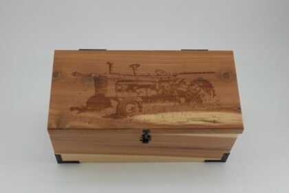 Handcrafted Wooden Treasure Box with Tractor Engraving - b2503064