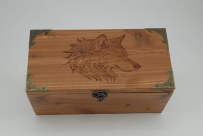 Handcrafted Wooden Treasure Box with Wolf Engraving - b2501034