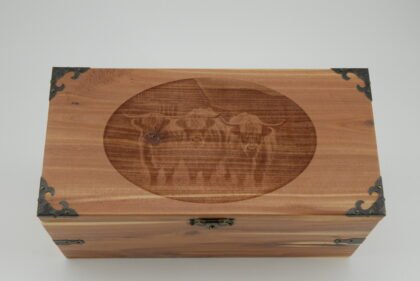 Handcrafted Wooden Treasure Box with Cow Engraving - b2501039a