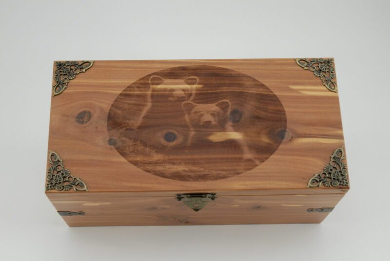 Handcrafted Wooden Treasure Box with Bear Cubs Engraving - b2501040