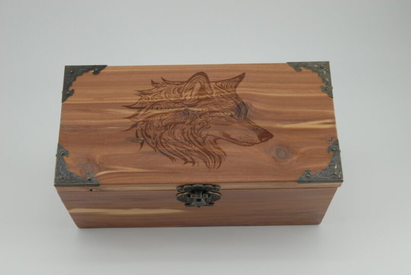 Handcrafted Wooden Treasure Box with Artistic Wolf Engraving - b2501042