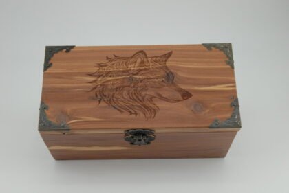 Handcrafted Wooden Treasure Box with Artistic Wolf Engraving - b2501042