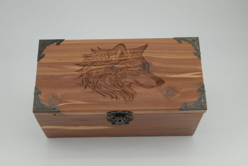 Handcrafted Wooden Treasure Box with Artistic Wolf Engraving - b2501042