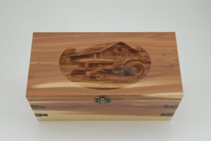 Handcrafted Wooden Treasure Box with Classic Tractor Engraving - b2503062