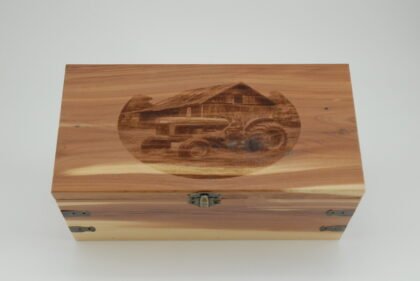 Handcrafted Wooden Treasure Box with Classic Tractor Engraving - b2503062