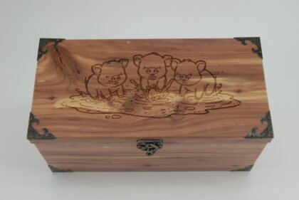 Handcrafted Wooden Treasure Box with Piglets Engraving - b2512083
