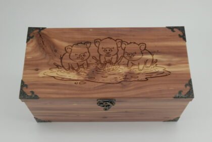 Handcrafted Wooden Treasure Box with Piglets Engraving - b2512083