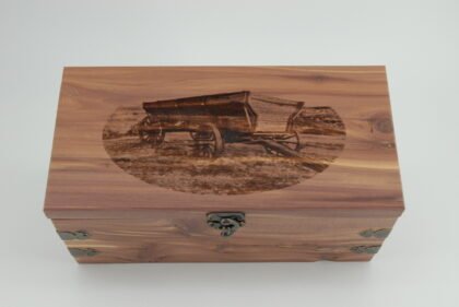 Handcrafted Wooden Treasure Box with Vintage Wagon Engraving - b2512091