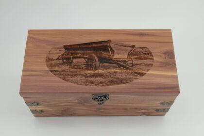 Handcrafted Wooden Treasure Box with Vintage Wagon Engraving - b2512091