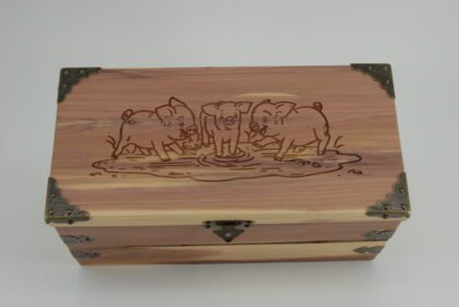 Handcrafted Wooden Treasure Box with Piglets Engraving - b2512096