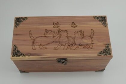 Handcrafted Wooden Treasure Box with Kittens and Butterflies Engraving - b2512106
