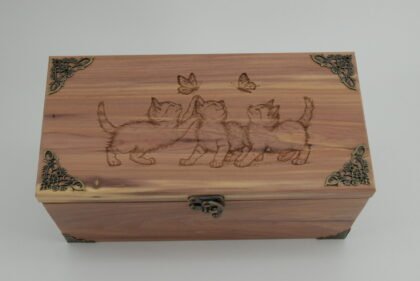 Handcrafted Wooden Treasure Box with Kittens and Butterflies Engraving - b2512106